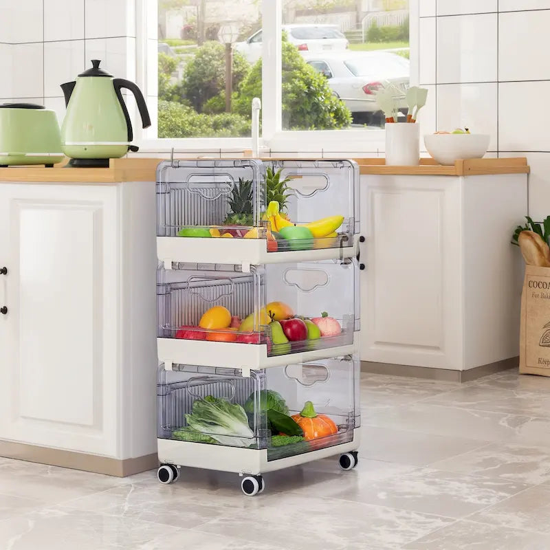 3 Tier Rolling Utility Cart with Handle and Lockable Wheels, Multifunctional Storage Shelves