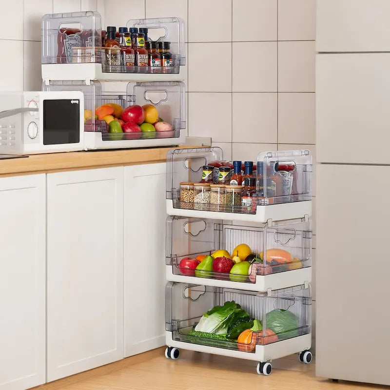 3 Tier Rolling Utility Cart with Handle and Lockable Wheels, Multifunctional Storage Shelves