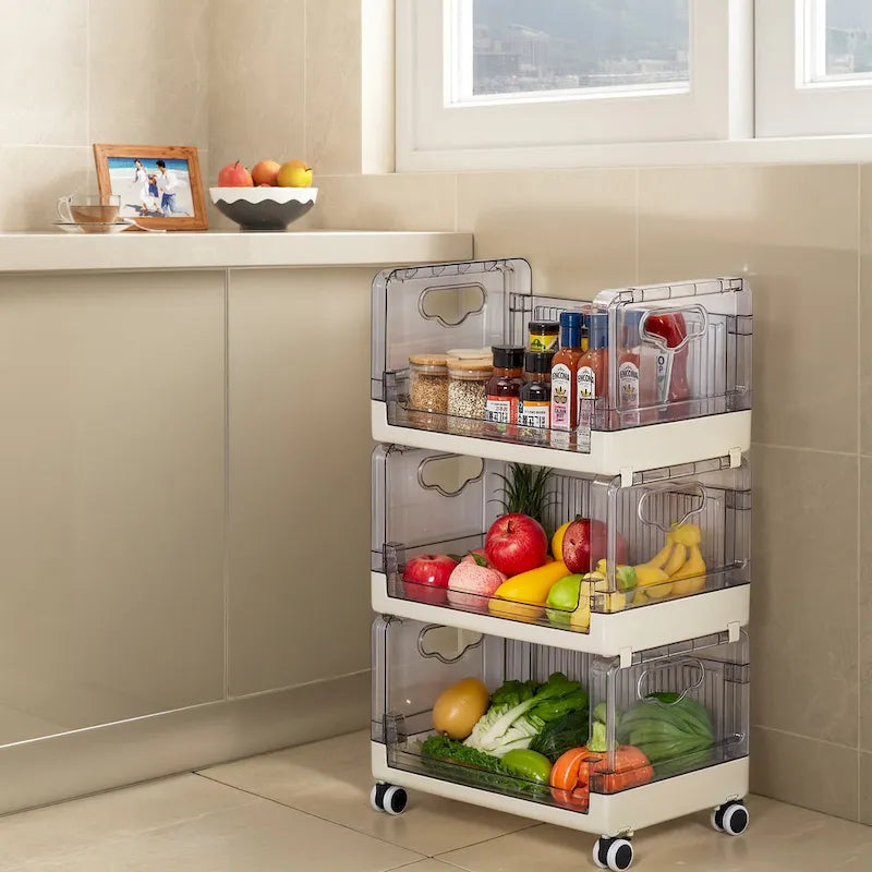 3 Tier Rolling Utility Cart with Handle and Lockable Wheels, Multifunctional Storage Shelves