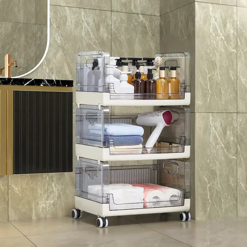 3 Tier Rolling Utility Cart with Handle and Lockable Wheels, Multifunctional Storage Shelves