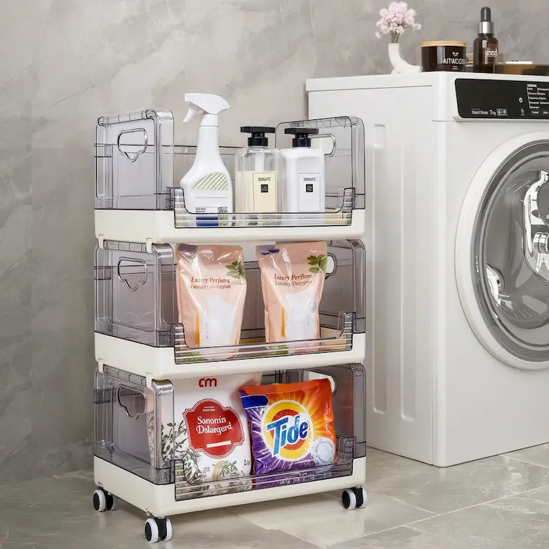 3 Tier Rolling Utility Cart with Handle and Lockable Wheels, Multifunctional Storage Shelves
