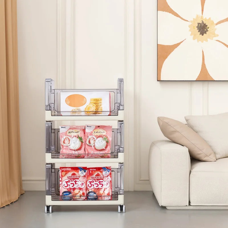 3 Tier Rolling Utility Cart with Handle and Lockable Wheels, Multifunctional Storage Shelves