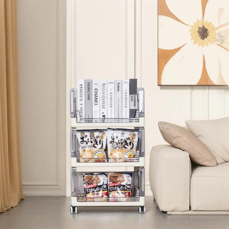 3 Tier Rolling Utility Cart with Handle and Lockable Wheels, Multifunctional Storage Shelves