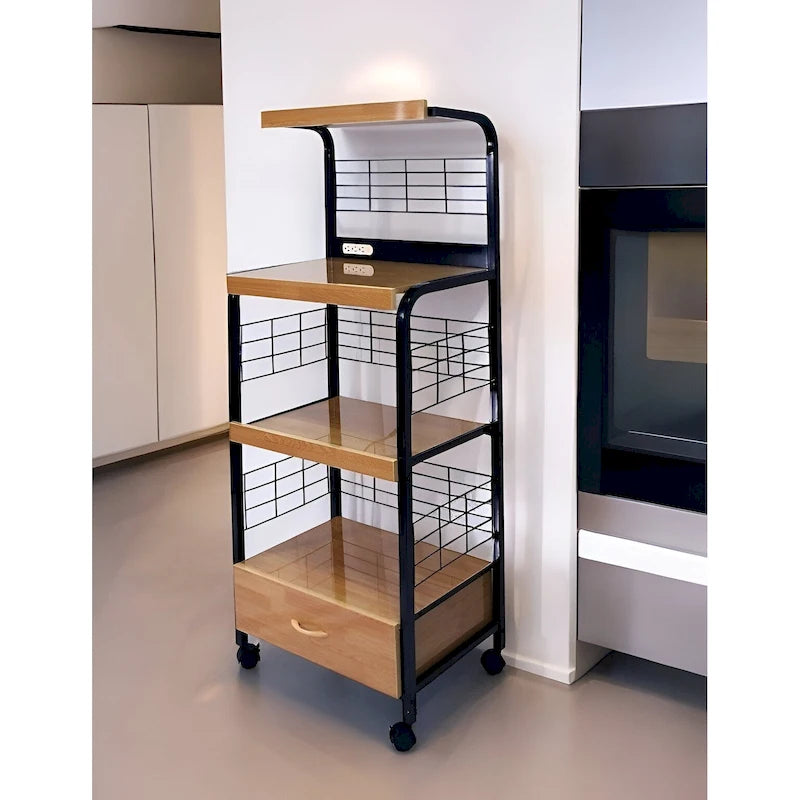 Black and Natural 26" Rolling Kitchen Cart with Storage - 25.5" W x 59.5" H x 17" D