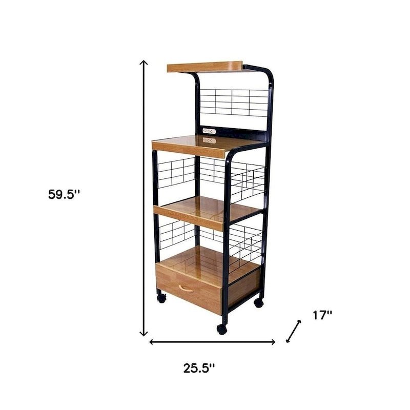 Black and Natural 26" Rolling Kitchen Cart with Storage - 25.5" W x 59.5" H x 17" D