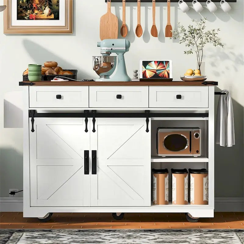 Farmhouse Kitchen Island With Power Outlet, 2 Sliding Barn Doors, Drop Leaf, Spice Rack