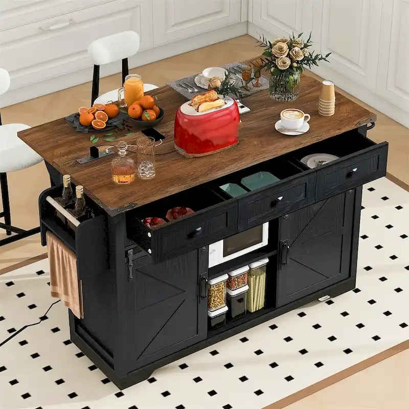 Farmhouse Kitchen Island With Power Outlet, 2 Sliding Barn Doors, Drop Leaf, Spice Rack