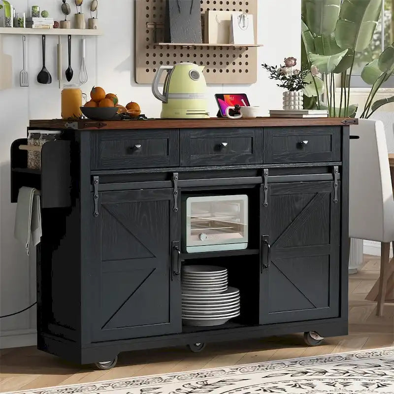 Farmhouse Kitchen Island With Power Outlet, 2 Sliding Barn Doors, Drop Leaf, Spice Rack