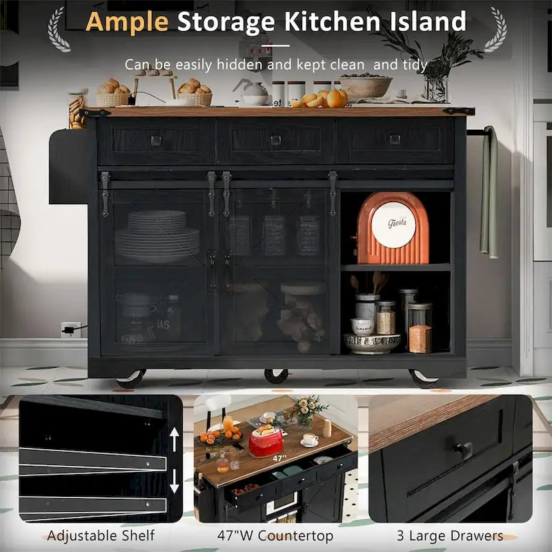 Farmhouse Kitchen Island With Power Outlet, 2 Sliding Barn Doors, Drop Leaf, Spice Rack
