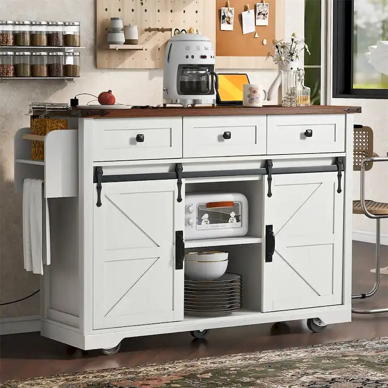 Farmhouse Kitchen Island With Power Outlet, 2 Sliding Barn Doors, Drop Leaf, Spice Rack