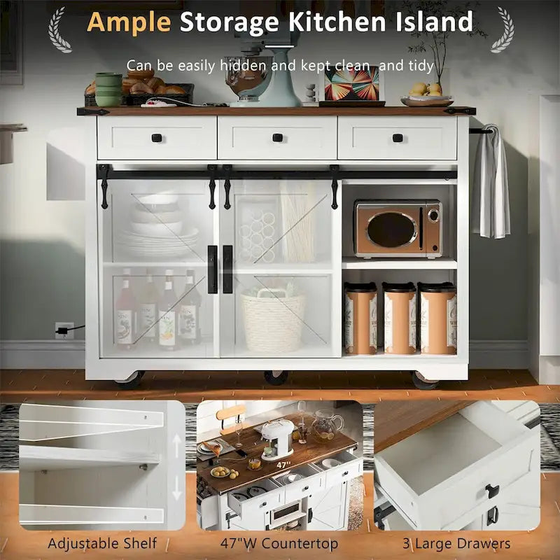 Farmhouse Kitchen Island With Power Outlet, 2 Sliding Barn Doors, Drop Leaf, Spice Rack