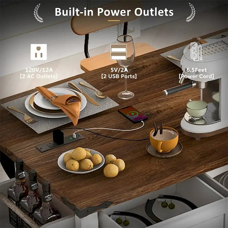 Farmhouse Kitchen Island With Power Outlet, 2 Sliding Barn Doors, Drop Leaf, Spice Rack