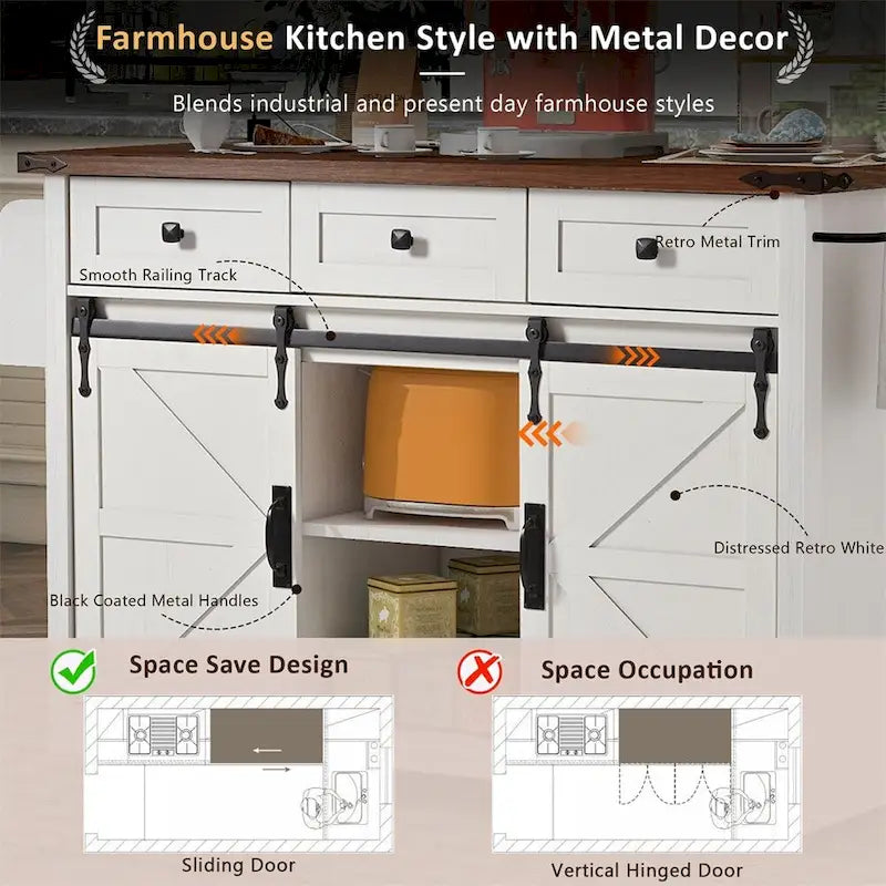 Farmhouse Kitchen Island With Power Outlet, 2 Sliding Barn Doors, Drop Leaf, Spice Rack
