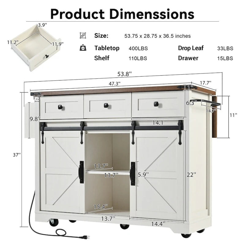 Farmhouse Kitchen Island With Power Outlet, 2 Sliding Barn Doors, Drop Leaf, Spice Rack
