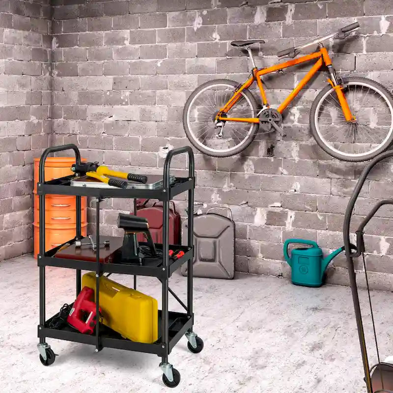 Folding Collapsible Service Cart Heavy-Duty 3-Shelf Tool Cart - 24 x 17 x 38 in (L x W x H)