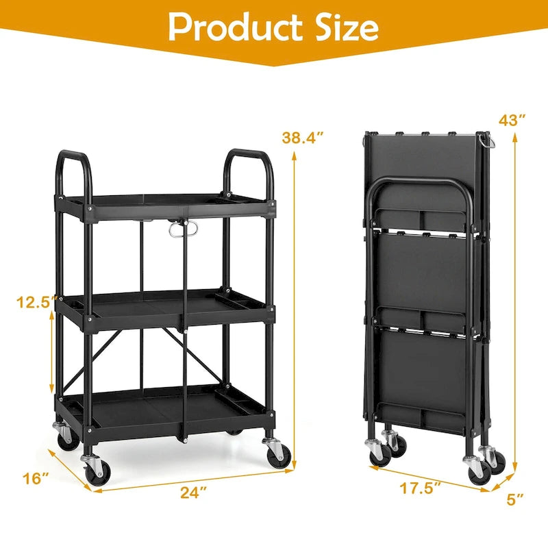 Folding Collapsible Service Cart Heavy-Duty 3-Shelf Tool Cart - 24 x 17 x 38 in (L x W x H)
