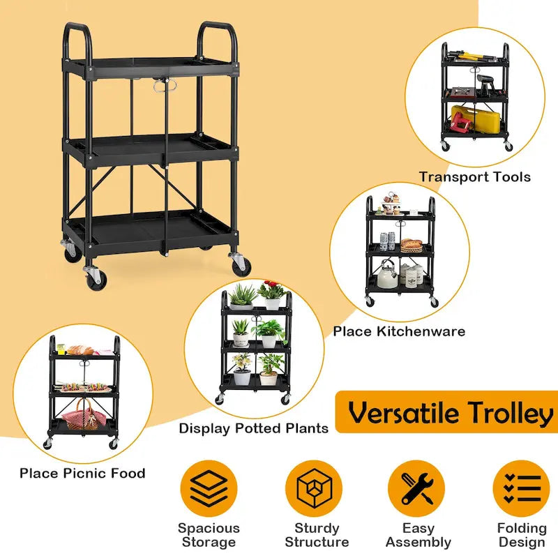 Folding Collapsible Service Cart Heavy-Duty 3-Shelf Tool Cart - 24 x 17 x 38 in (L x W x H)