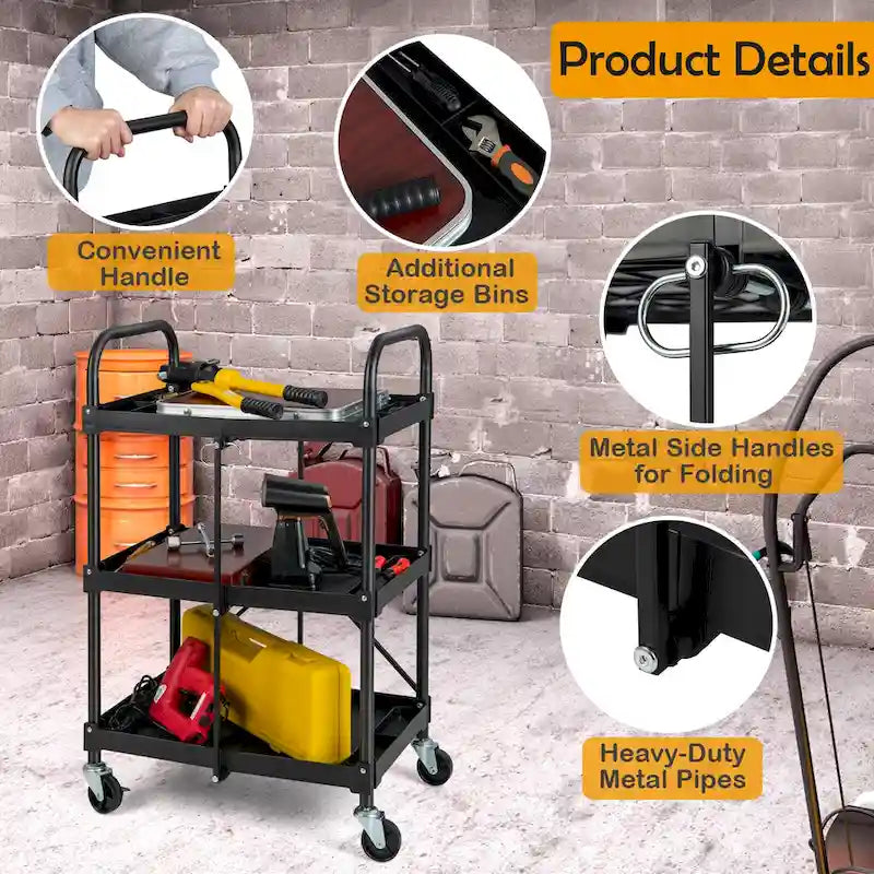 Folding Collapsible Service Cart Heavy-Duty 3-Shelf Tool Cart - 24 x 17 x 38 in (L x W x H)