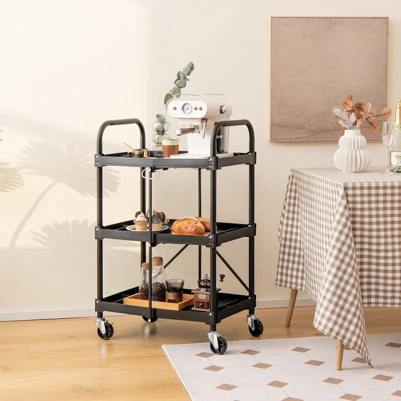 Folding Collapsible Service Cart Heavy-Duty 3-Shelf Tool Cart - 24 x 17 x 38 in (L x W x H)