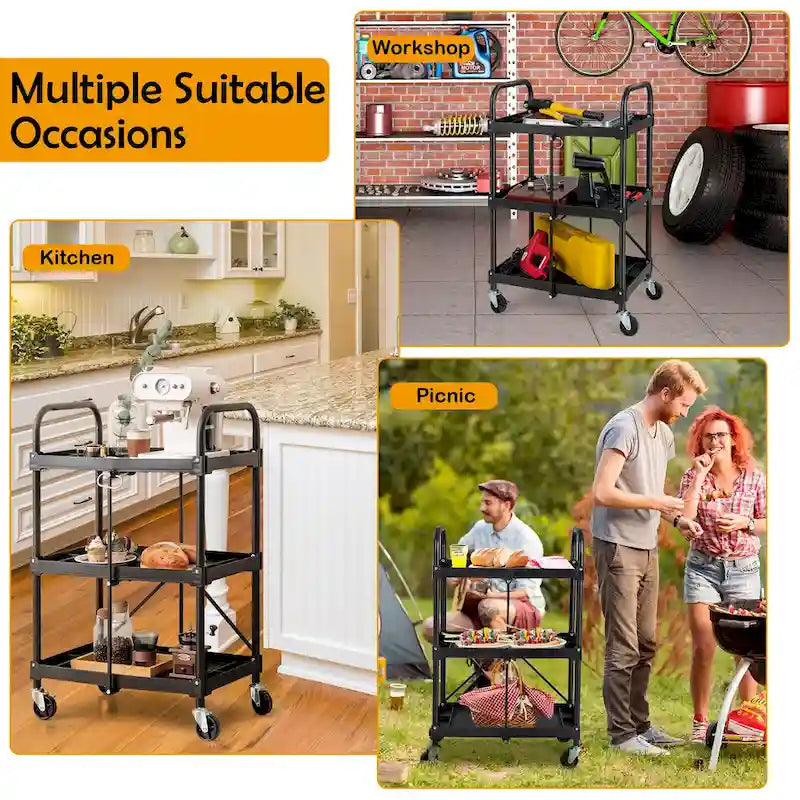 Folding Collapsible Service Cart Heavy-Duty 3-Shelf Tool Cart - 24 x 17 x 38 in (L x W x H)
