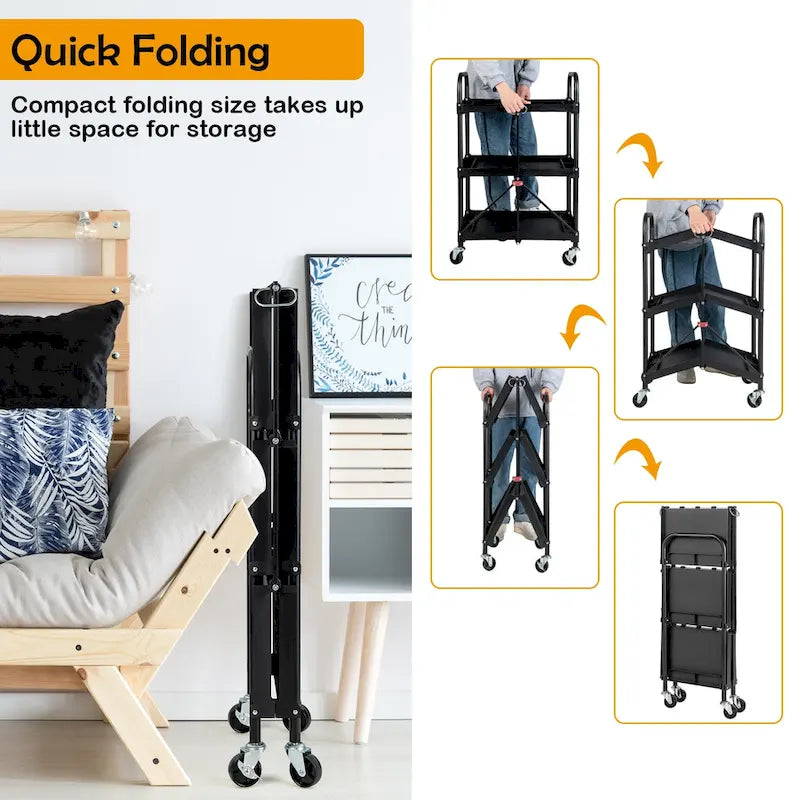 Folding Collapsible Service Cart Heavy-Duty 3-Shelf Tool Cart - 24 x 17 x 38 in (L x W x H)