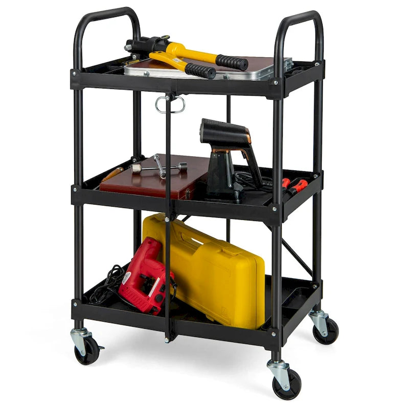 Folding Collapsible Service Cart Heavy-Duty 3-Shelf Tool Cart - 24 x 17 x 38 in (L x W x H)