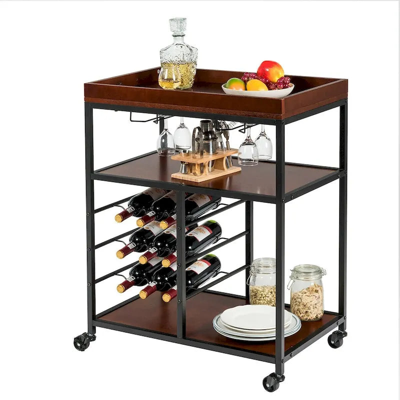 3-Tier Storage Kitchen Trolley Utility Bar Serving Cart with Wine Rack