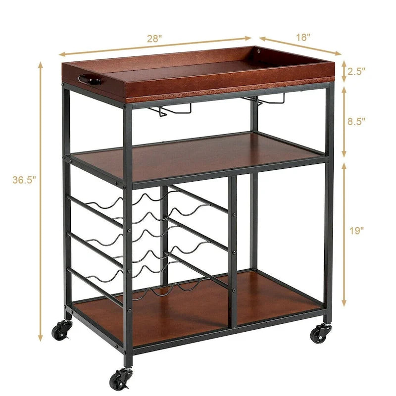 3-Tier Storage Kitchen Trolley Utility Bar Serving Cart with Wine Rack
