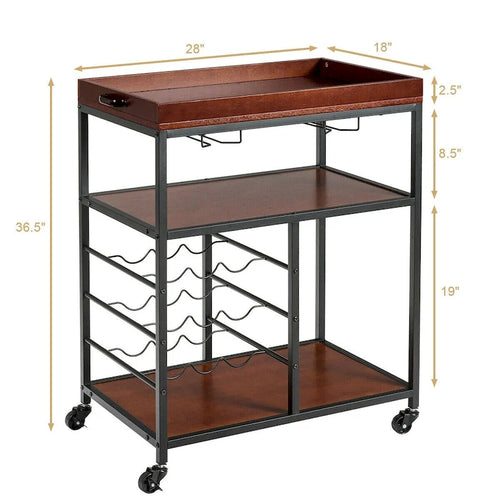 3-Tier Storage Kitchen Trolley Utility Bar Serving Cart with Wine Rack