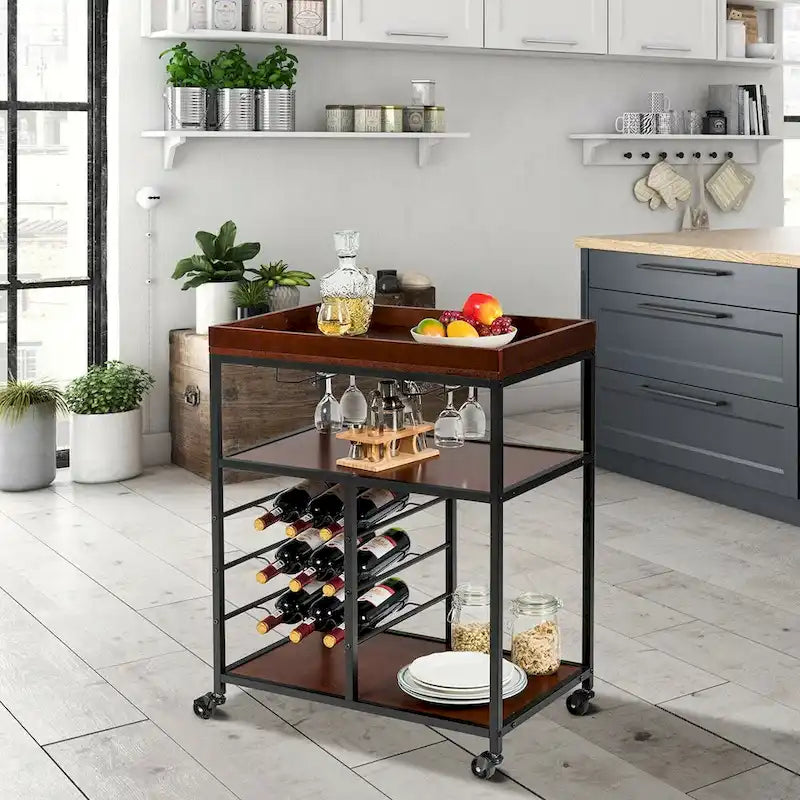 3-Tier Storage Kitchen Trolley Utility Bar Serving Cart with Wine Rack