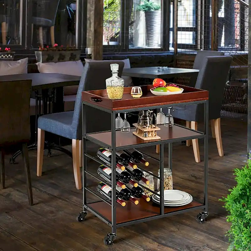 3-Tier Storage Kitchen Trolley Utility Bar Serving Cart with Wine Rack
