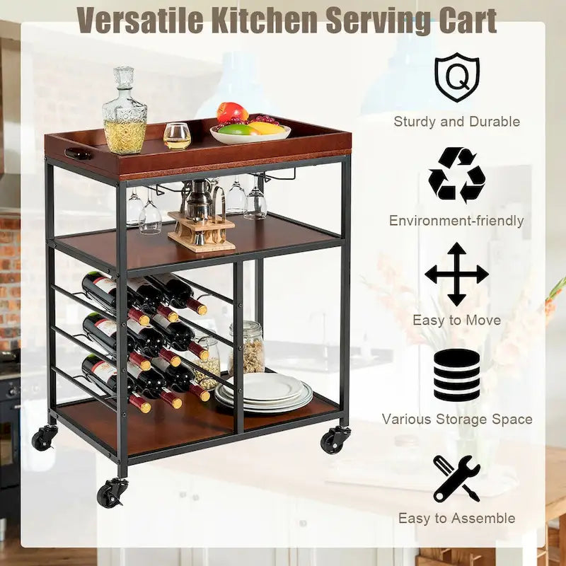 3-Tier Storage Kitchen Trolley Utility Bar Serving Cart with Wine Rack