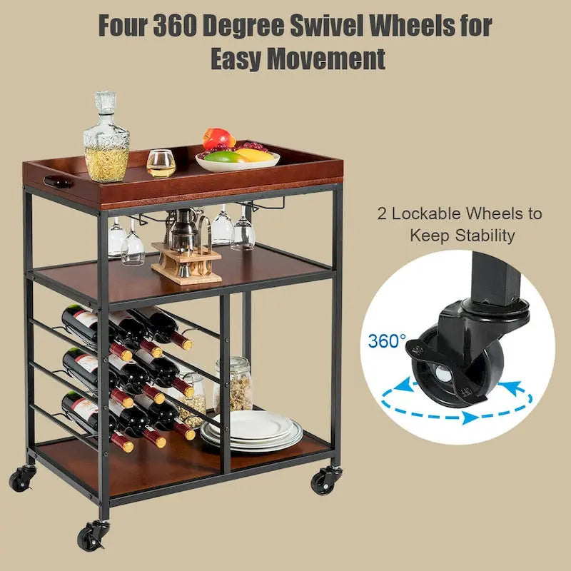 3-Tier Storage Kitchen Trolley Utility Bar Serving Cart with Wine Rack