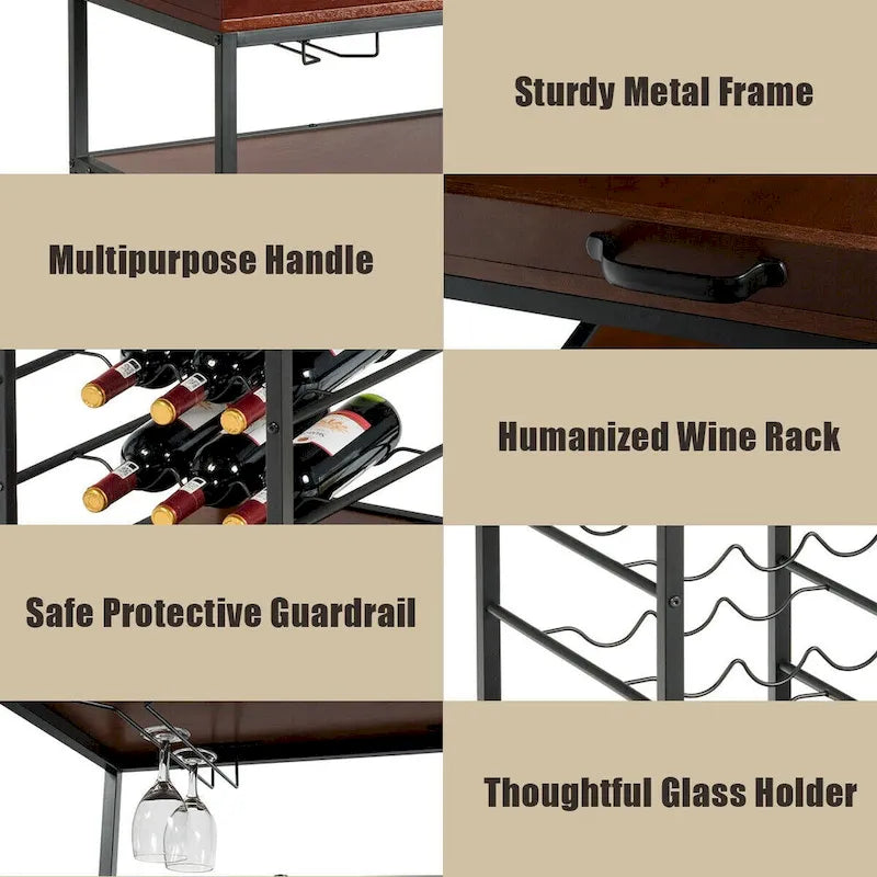 3-Tier Storage Kitchen Trolley Utility Bar Serving Cart with Wine Rack