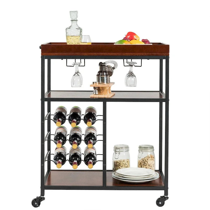 3-Tier Storage Kitchen Trolley Utility Bar Serving Cart with Wine Rack