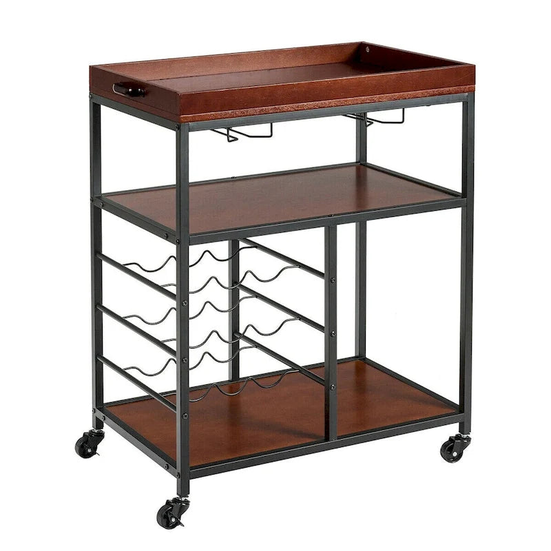 3-Tier Storage Kitchen Trolley Utility Bar Serving Cart with Wine Rack