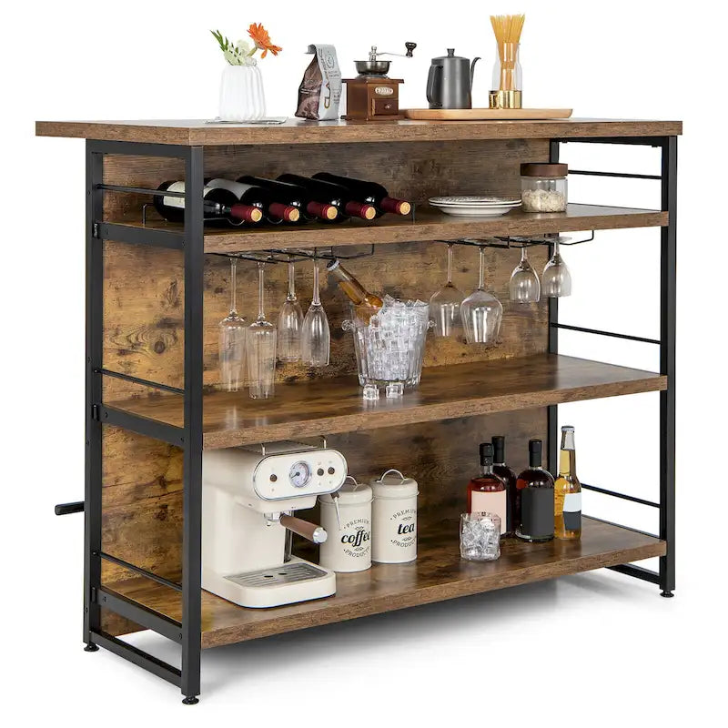 Industrial Kitchen Island Bar Table with 4-Tier Storage Shelf and Wine Rack