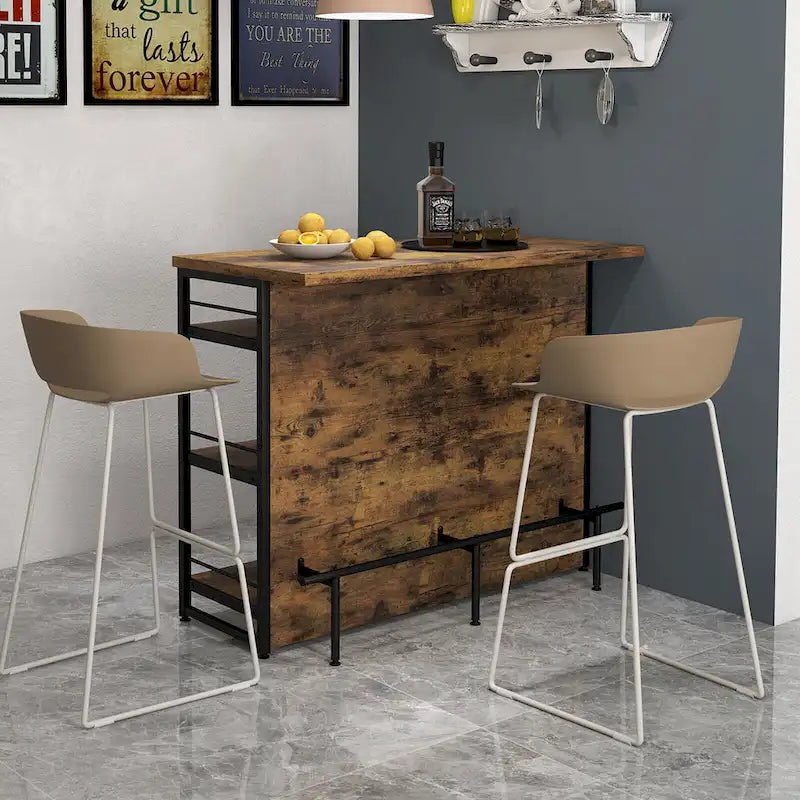 Industrial Kitchen Island Bar Table with 4-Tier Storage Shelf and Wine Rack