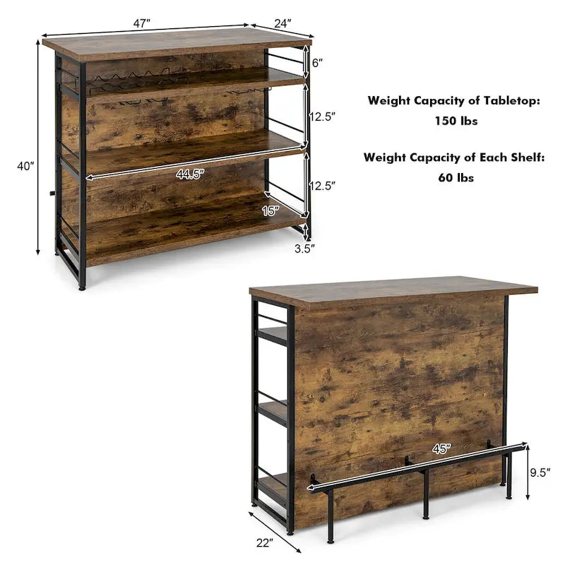 Industrial Kitchen Island Bar Table with 4-Tier Storage Shelf and Wine Rack