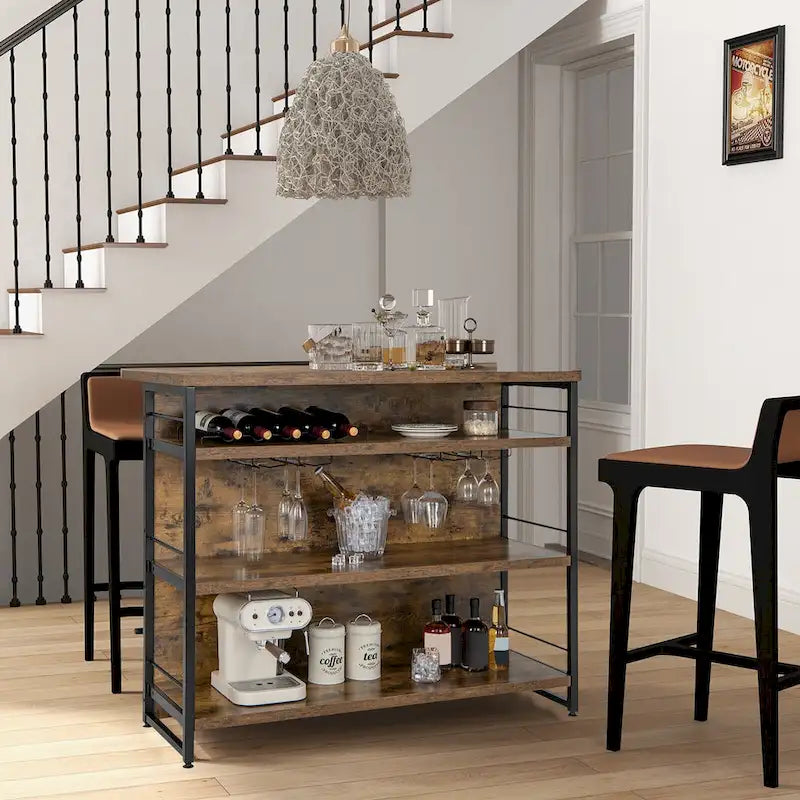 Industrial Kitchen Island Bar Table with 4-Tier Storage Shelf and Wine Rack
