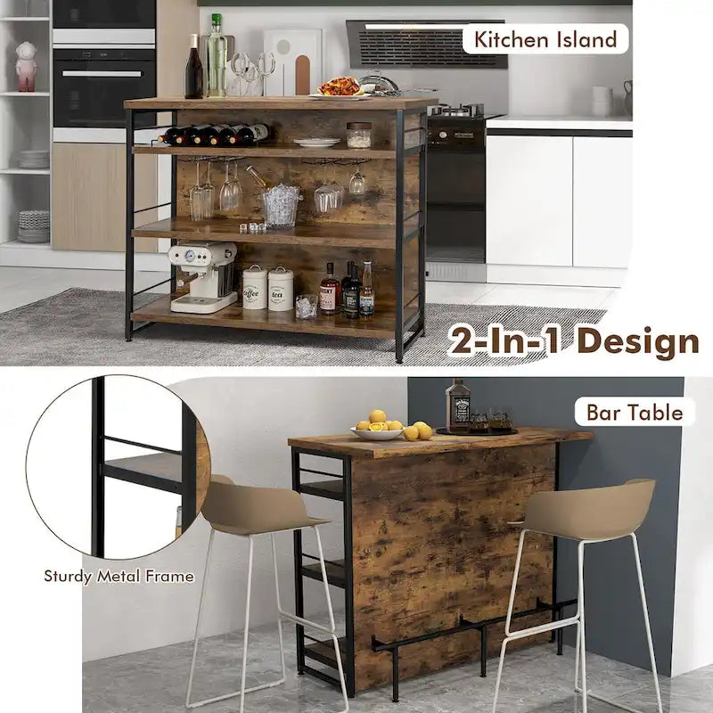 Industrial Kitchen Island Bar Table with 4-Tier Storage Shelf and Wine Rack