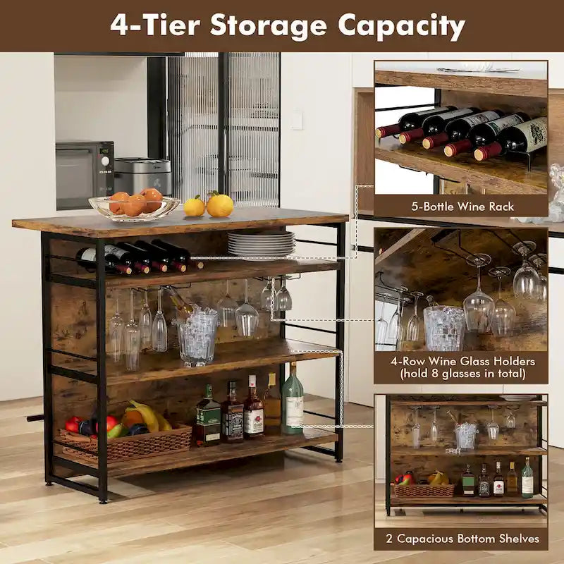 Industrial Kitchen Island Bar Table with 4-Tier Storage Shelf and Wine Rack