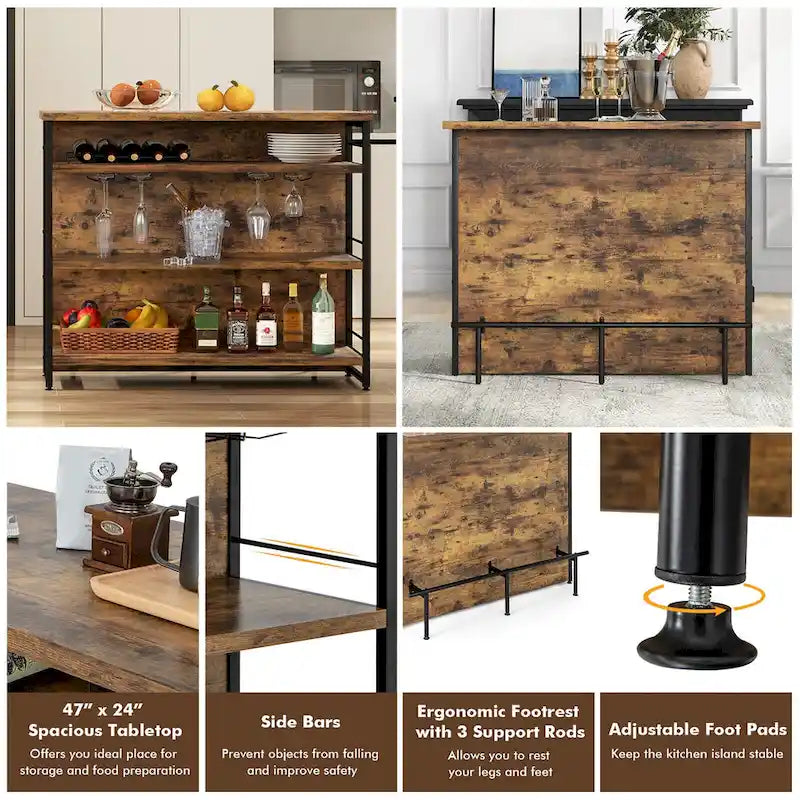 Industrial Kitchen Island Bar Table with 4-Tier Storage Shelf and Wine Rack