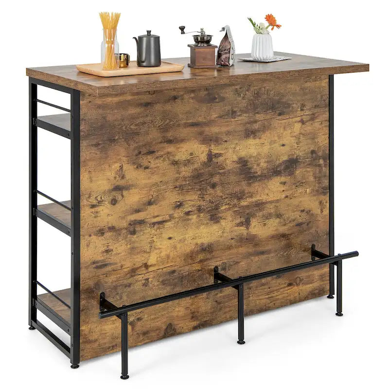 Industrial Kitchen Island Bar Table with 4-Tier Storage Shelf and Wine Rack