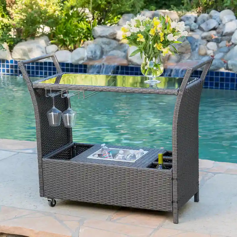 Outdoor Rattan Bar Cart with Removable Ice Bucket & Tempered Glass Top