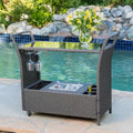 Outdoor Rattan Bar Cart with Removable Ice Bucket & Tempered Glass Top