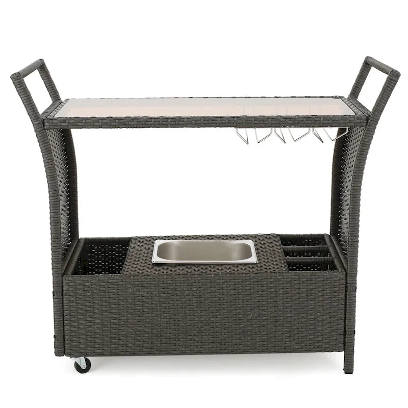 Outdoor Rattan Bar Cart with Removable Ice Bucket & Tempered Glass Top