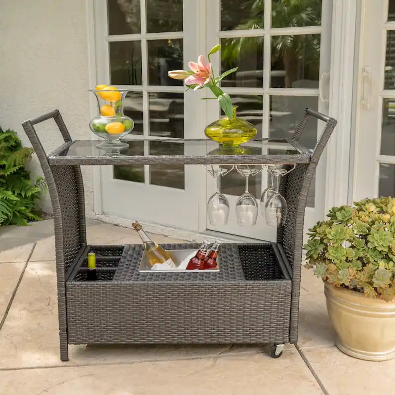Outdoor Rattan Bar Cart with Removable Ice Bucket & Tempered Glass Top