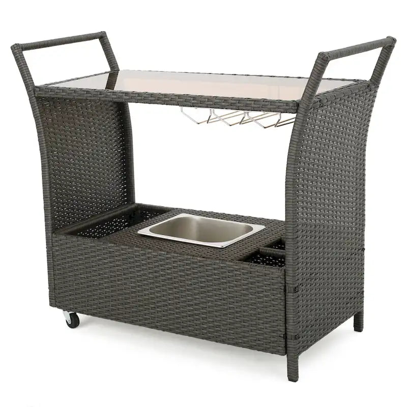 Outdoor Rattan Bar Cart with Removable Ice Bucket & Tempered Glass Top
