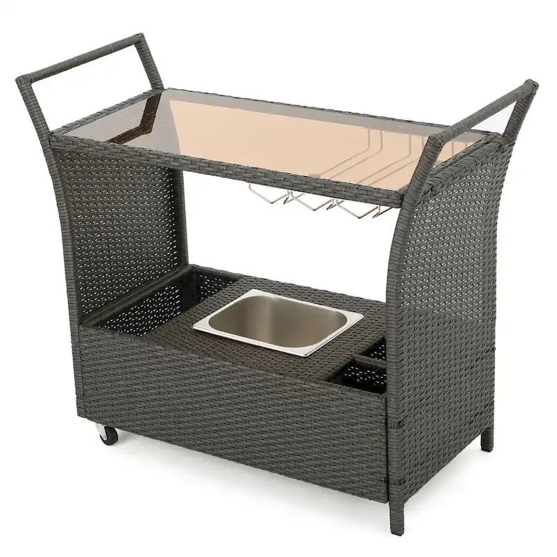 Outdoor Rattan Bar Cart with Removable Ice Bucket & Tempered Glass Top